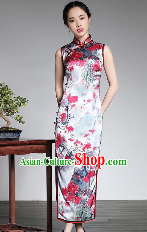 Top Grade Asian Republic of China Plated Buttons Silk Cheongsam, Traditional Chinese Tang Suit Printing Wintersweet Qipao Dress for Women