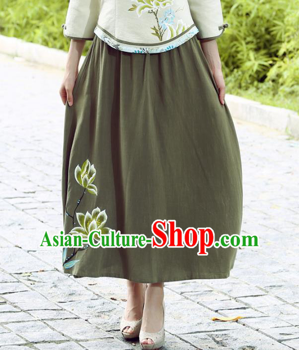 Asian China Hand Painting Linen Bust Skirt, Traditional Chinese Tang Suit Green Skirts for Women