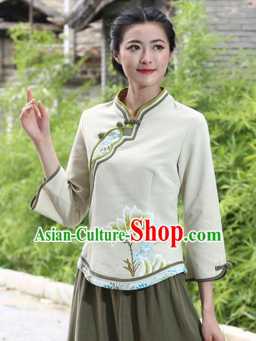 Asian China Hand Painting Green Linen Cheongsam Blouse, Traditional Chinese Tang Suit Hanfu Shirts for Women