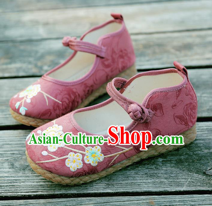 Traditional Chinese National Embroidered Shoes Pink Linen Shoes, China Handmade Hanfu Embroidery Wintersweet Flowers Shoes for Kids