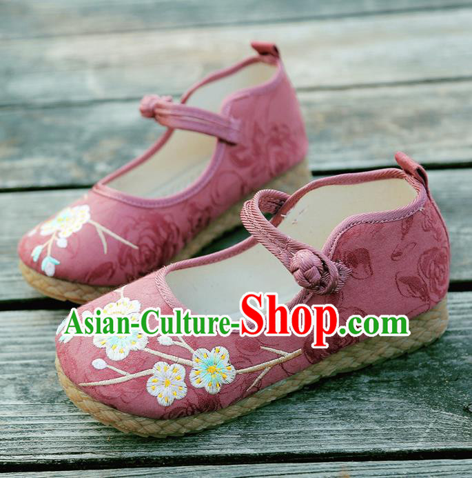 Traditional Chinese National Embroidered Shoes Red Linen Shoes, China Handmade Hanfu Embroidery Wintersweet Shoes for Kids
