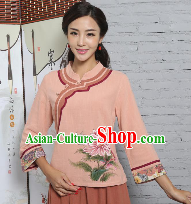Asian China Hand Painting Printing Peony Linen Cheongsam Blouse, Traditional Chinese Tang Suit Hanfu Shirts for Women