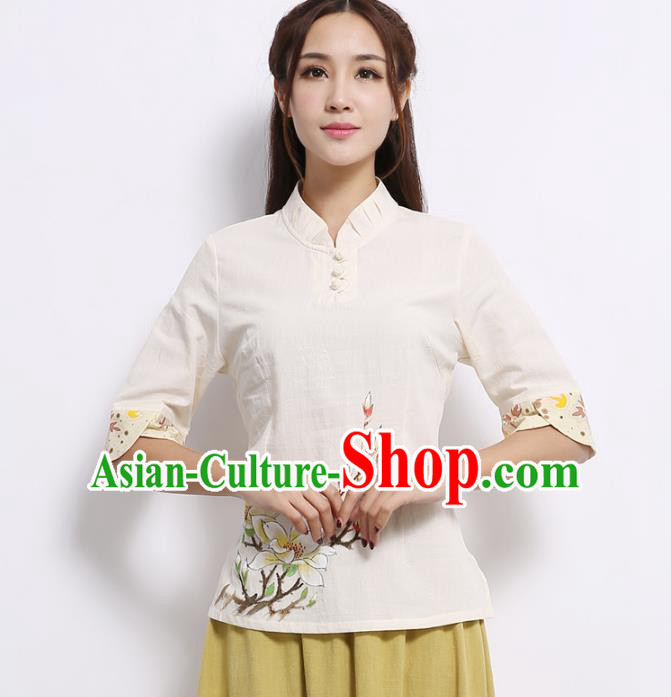 Asian China Hand Painting Printing White Linen Cheongsam Blouse, Traditional Chinese Tang Suit Hanfu Shirts for Women