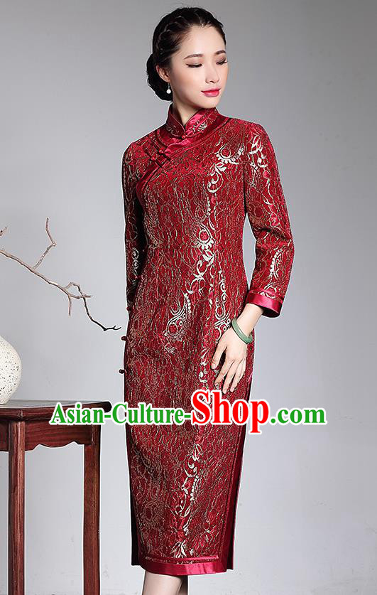 Traditional Ancient Chinese Young Lady Retro Stand Collar Long Cheongsam Red Silk Wedding Dress, Asian Republic of China Qipao Tang Suit Clothing for Women