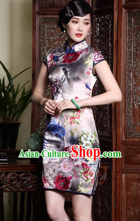 Asian Republic of China Young Lady Retro Stand Collar Printing Silk Cheongsam, Traditional Chinese Qipao Tang Suit Dress for Women