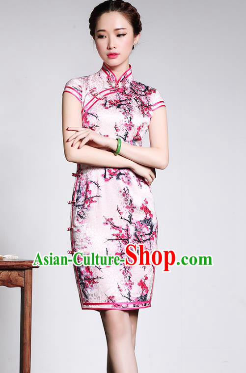 Asian Republic of China Young Lady Retro Stand Collar Pink Silk Cheongsam, Traditional Chinese Printing Peony Qipao Tang Suit Dress for Women