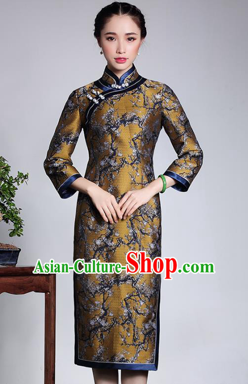 Asian Republic of China Young Lady Retro Stand Collar Brocade Cheongsam, Traditional Chinese Printing Peony Qipao Tang Suit Dress for Women