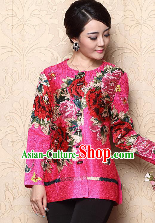 Asian Republic of China Young Lady Retro Plated Buttons Printing Peony Rosy Jacket, Traditional Chinese Tang Suit Upper Outer Garment Coats for Women