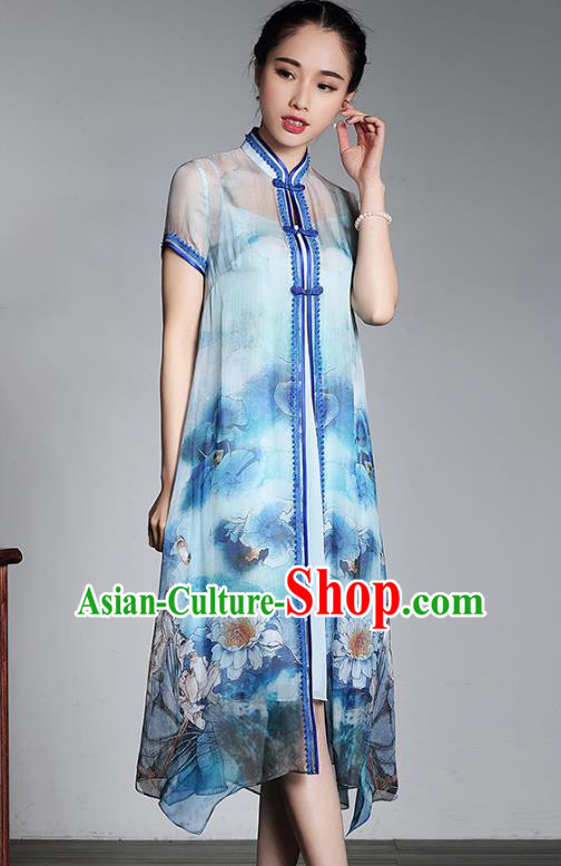Asian Republic of China Top Grade Plated Buttons Printing Blue Cheongsam Dust Coat, Traditional Chinese Tang Suit Qipao Coats for Women