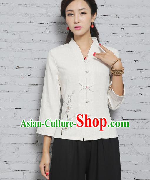 Asian China Top Grade Linen Hand Painting White Cheongsam Blouse, Traditional Chinese Tang Suit Hanfu Plated Buttons Shirts for Women