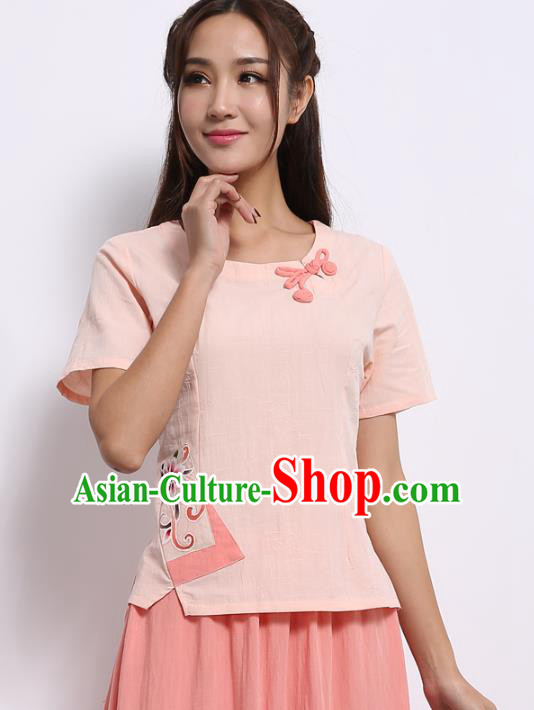 Asian China Top Grade Pink Linen Hand Painting Cheongsam Blouse, Traditional Chinese Tang Suit Hanfu Plated Button Qipao Shirts for Women