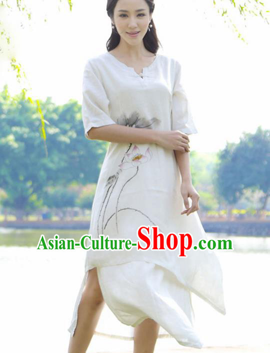 Asian China Top Grade Linen Hand Painting White Cheongsam, Traditional Chinese Tang Suit Hanfu Plated Button Qipao for Women