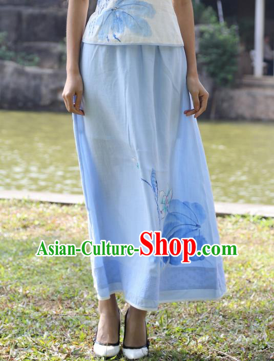 Asian China Hand Painting Blue Linen Bust Skirt, Traditional Chinese Tang Suit Hanfu Skirts for Women
