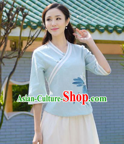 Asian China Top Grade Blue Linen Hand Painting Lotus Cheongsam Blouse, Traditional Chinese Tang Suit Hanfu Plated Button Qipao Shirts for Women