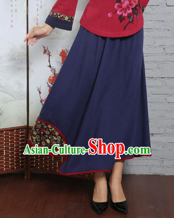 Asian China Hand Painting Navy Linen Bust Skirt, Traditional Chinese Tang Suit Hanfu Skirts for Women