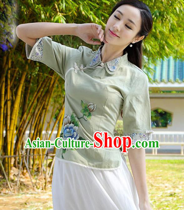 Asian China Top Grade Green Linen Cheongsam Blouse, Traditional Chinese Tang Suit Hanfu Plated Button Qipao Shirts for Women