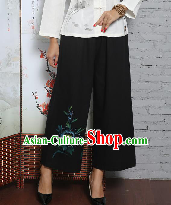 Traditional Chinese National Costume Loose Pants, Elegant Hanfu Black Linen Wide leg Pants, China Tang Suit Ultra-wide-leg Trousers for Women
