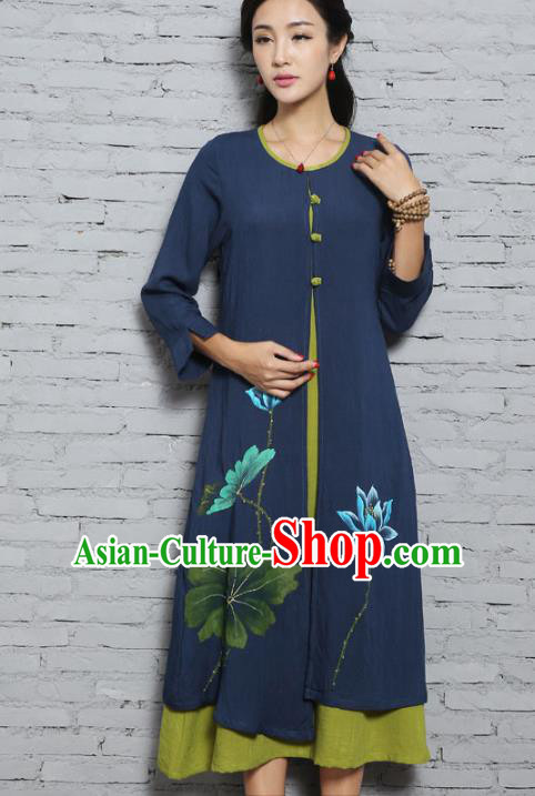 Asian China Top Grade Linen Printing Lotus Cheongsam Dress, Traditional Chinese Tang Suit Hanfu Plated Button Qipao for Women