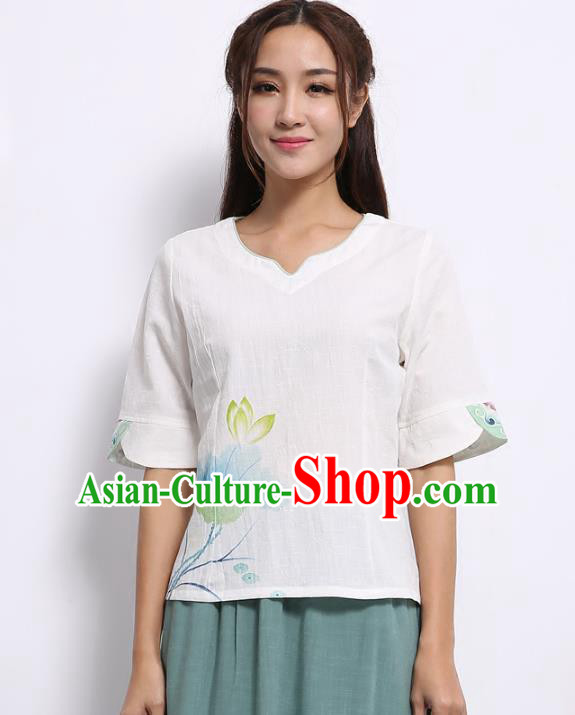 Asian China Top Grade Linen Printing Lotus Cheongsam Blouse, Traditional Chinese Tang Suit Hanfu Plated Button Qipao Shirts for Women
