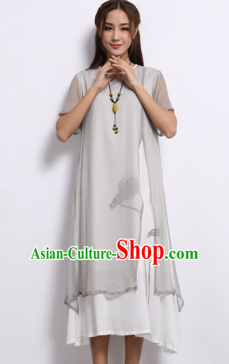 Asian China Top Grade Grey Silk Hand Painting Cheongsam, Traditional Chinese Tang Suit Hanfu Plated Button Qipao Dress for Women