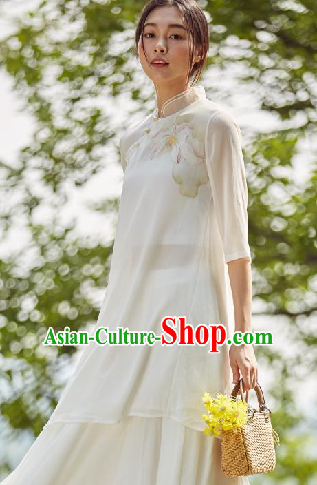Asian China Top Grade White Chiffon Printing Cheongsam Blouse, Traditional Chinese Tang Suit Hanfu Plated Button Qipao Shirts for Women