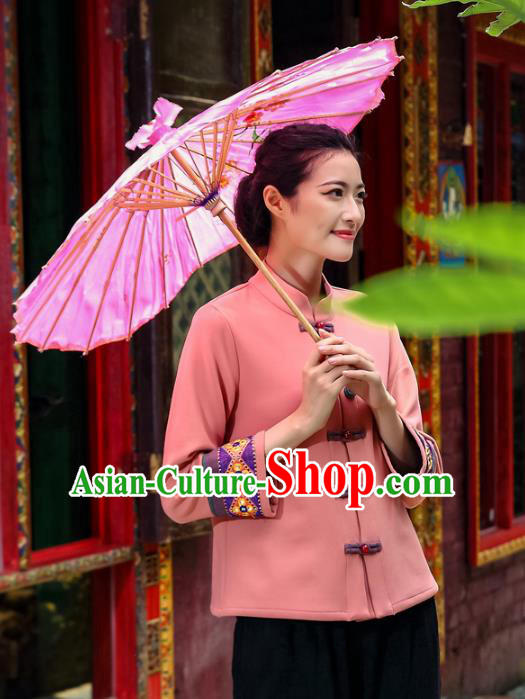 Asian China Top Grade Pink Linen Front Opening Cheongsam Blouse, Traditional Chinese Tang Suit Hanfu Plated Button Qipao Shirts for Women