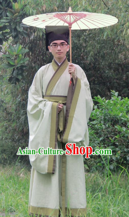 Asian China Han Dynasty Scholar Costume Green Long Robe, Traditional Chinese Ancient Chancellor Hanfu Clothing for Men