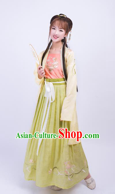 Asian China Song Dynasty Young Lady Costume Palace Lady Embroidery BeiZi Blouse and Skirt Complete Set