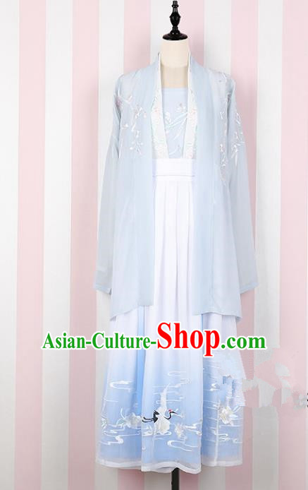 Asian China Song Dynasty Princess Embroidered Costume Complete Set, Traditional Ancient Chinese Palace Lady Embroidery Blue Skirt for Women