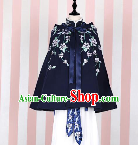 Asian China Ming Dynasty Princess Costume Embroidered Navy Cape, Traditional Ancient Chinese Palace Lady Embroidery Cloak Clothing for Women