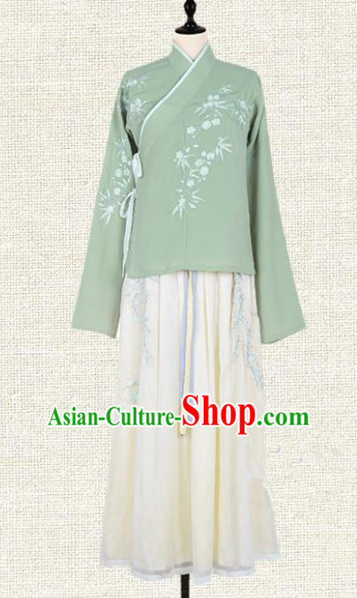 Asian China Ming Dynasty Young Lady Costume Embroidered Green Blouse and Skirt Complete Set, Traditional Ancient Chinese Princess Elegant Hanfu Clothing for Women