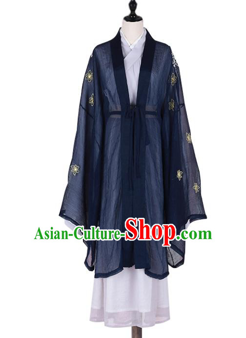 Asian China Jin Dynasty Swordswoman Embroidered Costume Complete Set, Traditional Ancient Chinese Elegant Hanfu Navy Cardigan Clothing for Women