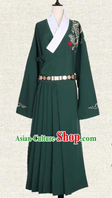 Asian China Ming Dynasty Swordsman Embroidered Clothing, Traditional Ancient Chinese Imperial Guards Hanfu Green Robe for Women