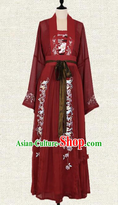 Asian China Tang Dynasty Palace Lady Embroidered Clothing, Traditional Ancient Chinese Imperial Princess Hanfu Slip Dress Clothing for Women