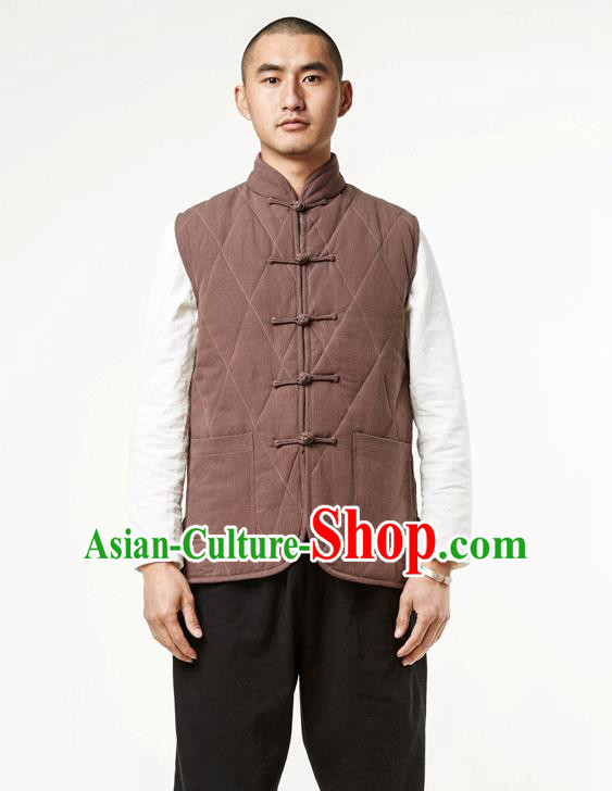 Asian China National Costume Brown Cotton-padded Vest, Traditional Chinese Tang Suit Plated Buttons Waistcoat Clothing for Men