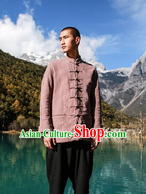 Asian China National Costume Brown Linen Shirts, Traditional Chinese Tang Suit Plated Buttons Upper Outer Garment Clothing for Men
