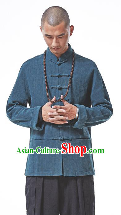 Asian China National Costume Blue Linen Shirts, Traditional Chinese Tang Suit Plated Buttons Upper Outer Garment Clothing for Men