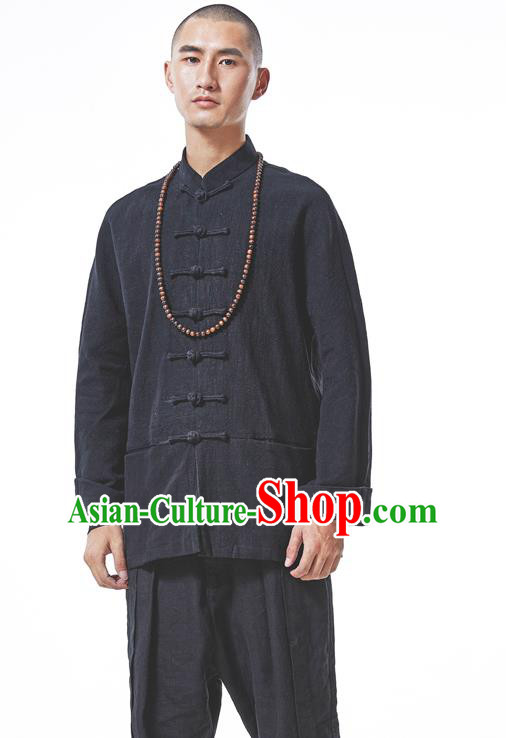 Asian China National Costume Black Linen Shirts, Traditional Chinese Tang Suit Plated Buttons Upper Outer Garment Clothing for Men