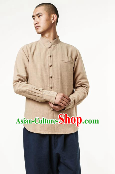 Asian China National Costume Stand Collar Khaki Linen Shirts, Traditional Chinese Tang Suit Plated Buttons Upper Outer Garment Clothing for Men