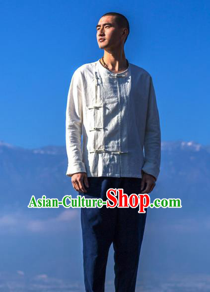 Asian China National Costume Slant Opening White Linen Shirts, Traditional Chinese Tang Suit Brass Buttons Upper Outer Garment Clothing for Men
