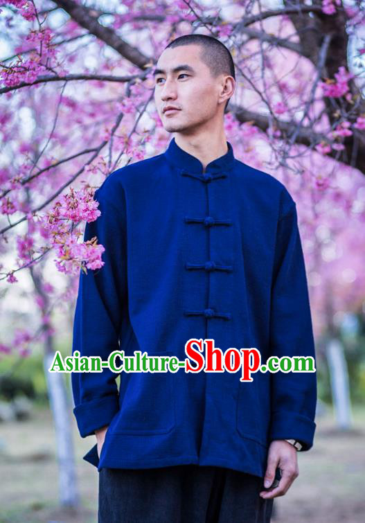Asian China National Costume Stand Collar Blue Linen Shirts, Traditional Chinese Tang Suit Plated Buttons Upper Outer Garment Clothing for Men