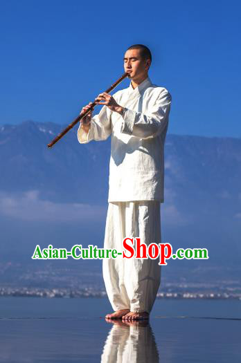 Asian China National Costume Linen Monk Clothing, Traditional Chinese Tang Suit Plated Buttons Zen Clothing for Men