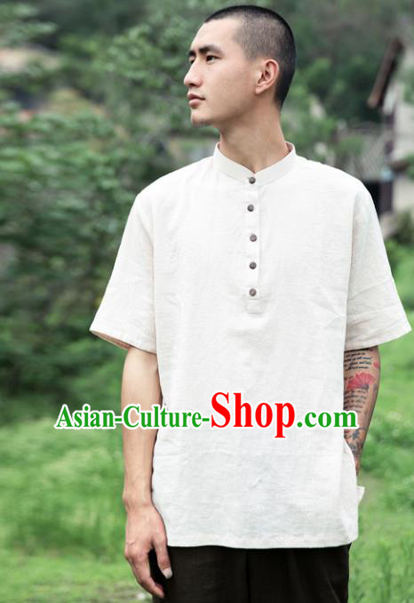 Asian China National Costume White Linen Stand Collar T-Shirts, Traditional Chinese Tang Suit Coconut Buttons Upper Outer Garment Clothing for Men