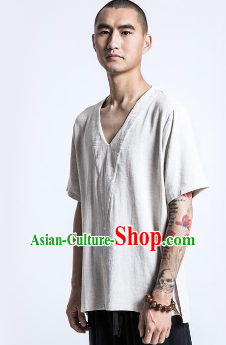 Asian China National Costume Linen T-Shirts, Traditional Chinese Tang Suit Upper Outer Garment Clothing for Men