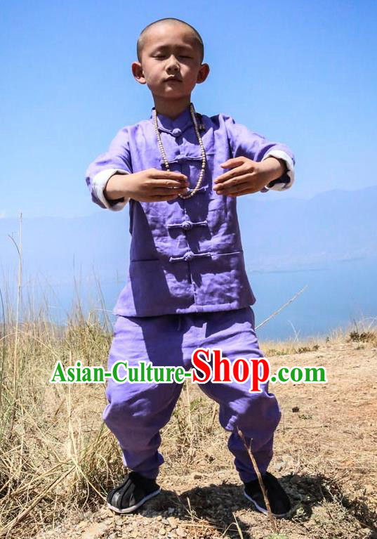 Asian China National Costume Purple Linen Kung Fu Costume Martial Arts Clothing, Traditional Chinese Tang Suit Clothing for Kids