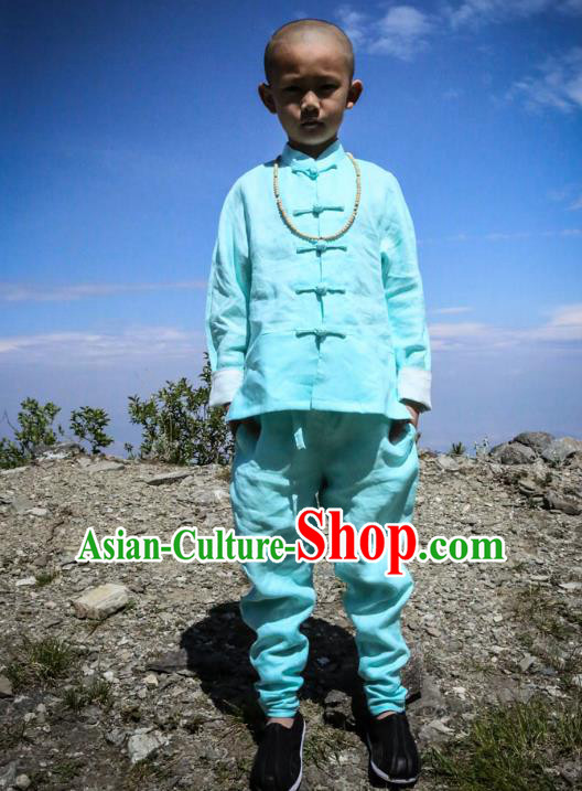 Asian China National Costume Green Linen Kung Fu Costume Martial Arts Clothing, Traditional Chinese Tang Suit Clothing for Kids