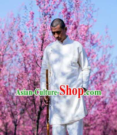 Asian China National Costume White Linen Slant Opening Robe, Traditional Chinese Tang Suit Plated Buttons Coat Clothing for Men