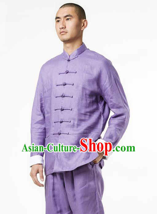 Asian China National Purple Linen Costume Martial Arts Kung Fu Training Uniform, Traditional Chinese Tang Suit haolin Wushu Clothing for Men