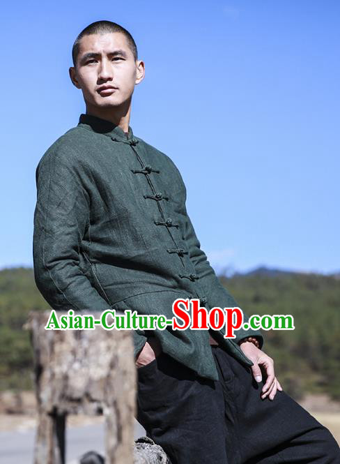 Asian China National Green Linen Costume Martial Arts Kung Fu Cotton-padded Jacket, Traditional Chinese Tang Suit Upper Outer Garment Coat Clothing for Men