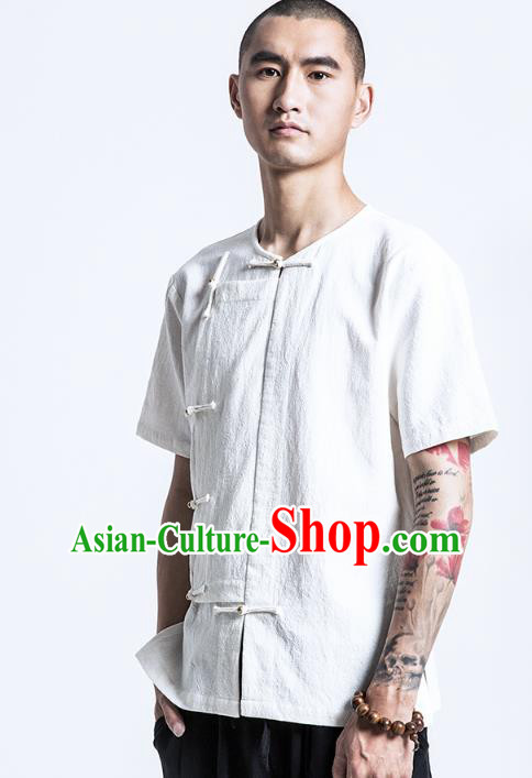 Asian China National Costume Short Sleeve Linen Shirts, Traditional Chinese Tang Suit Plated Buttons Upper Outer Garment Clothing for Men